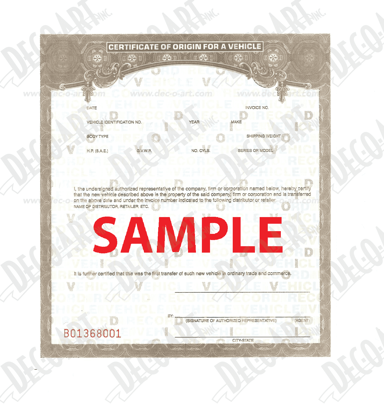 Certificate Of Origin For A Vehicle Template
