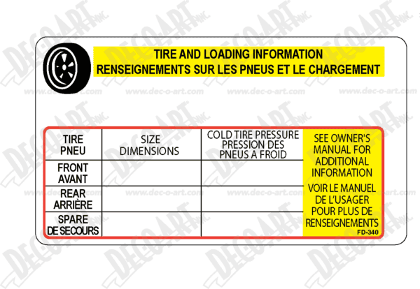 FD-340: Tire placard for Canada. Thermal imprintable. Roll of 1000.